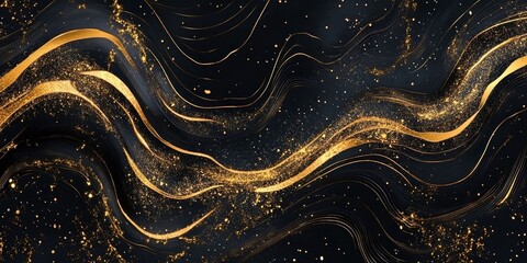 Sticker - Luxury gold wave illustration background on black background. Premium design for wallpaper, banner, poster. 