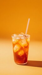 Wall Mural - A glass of iced tea with a straw in it. The glass is half full and the straw is sticking out of the top