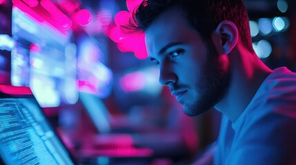 Over shoulder closeup view man IT coder programmer software engineer use laptop computer typing code develop program programming java language application on screen web system app development concept