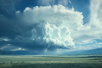 an impressive natural picture of a thundercloud with thunderbolts over a wide field