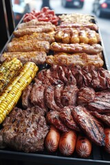 Wall Mural - Grilled meats, sausages, and corn on the cob on a barbecue grill.