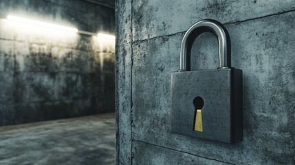 Creative padlock on circuit lines in concrete interior with mock up place. Privacy and technology concept. 3D Rendering