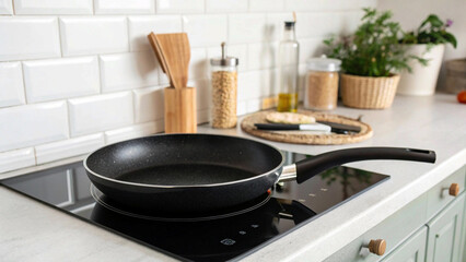 a minimalist kitchen with a frying pan poised on an induction cooktop, showcasing a contemporary coo