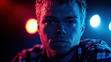 Wall Mural - Close-up portrait of a man illuminated by red and blue lights.