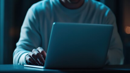 Over shoulder closeup view man IT coder programmer software engineer use laptop computer typing code develop program programming java language application on screen web system app development concept