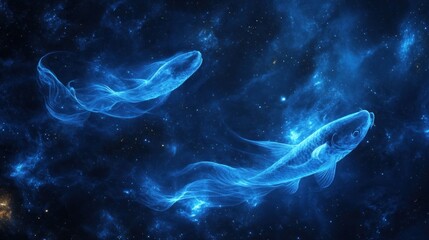 Wall Mural - two ethereal blue fish swimming in a cosmic nebula.