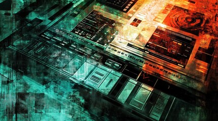 Sticker - Abstract digital art featuring a futuristic, grunge-style interface with teal and orange hues.