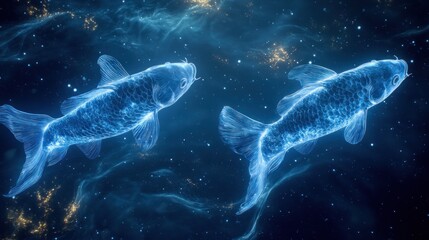 Wall Mural - two glowing koi fish swim in a cosmic nebula.