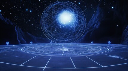 Wall Mural - Futuristic glowing sphere above a circular platform in a dark, starry landscape.