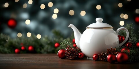 Chinese New Year concept, A festive white teapot surrounded by pine greenery and red ornaments, set against a blurred holiday background with warm lights.