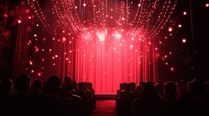 Wall Mural - Red stage lights illuminate an audience before a curtain.