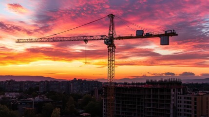 Wall Mural - Construction crane silhouetted against a vibrant sunrise over a city skyline.