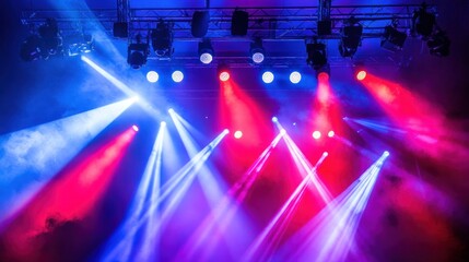 Wall Mural - Colorful stage lighting beams and spotlights on a dark background.