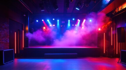 Wall Mural - Empty concert stage with colorful lighting and smoke.