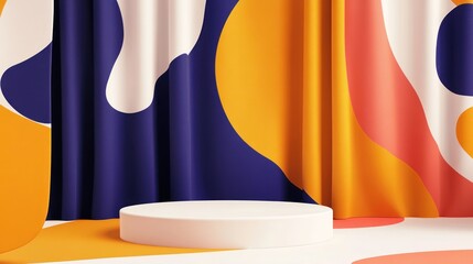 Wall Mural - white cylindrical podium against colorful abstract curtain backdrop.