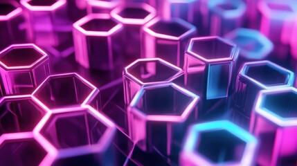 Sticker - Abstract background of glowing pink and blue hexagons.