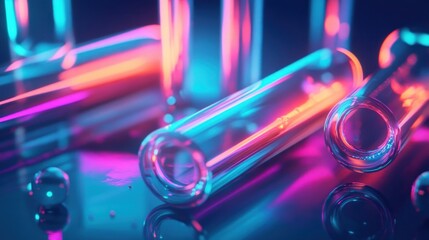 Wall Mural - Neon-lit glass tubes reflecting vibrant colors on a dark surface.