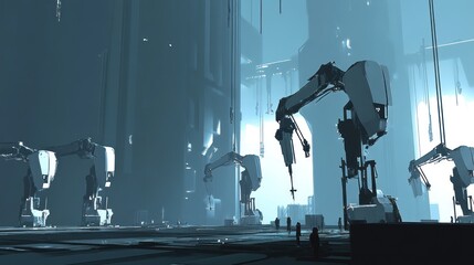 Sticker - Futuristic industrial scene with robotic arms in a large, dimly lit factory.