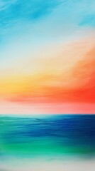 Wall Mural - a painting of a beach with a blue ocean and a yellow sky. the sky is filled with clouds and the ocea