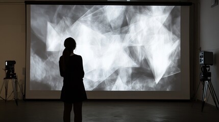 Wall Mural - silhouette of woman viewing abstract grayscale projection art installation.