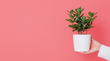 Wall Mural - Hand holding small potted plant against pink background.