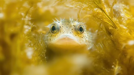 Wall Mural - Curious fish peering from seaweed underwater.