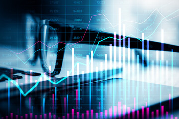 Wall Mural - Financial data graph overlayed on blurred workspace background with glasses and keyboard, reflecting upward trends and market growth.