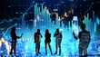 © Who is Danny - Silhouettes of businesspeople with financial charts and cityscape background.