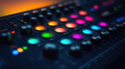 Close-up of colorful illuminated music production console buttons and knobs.