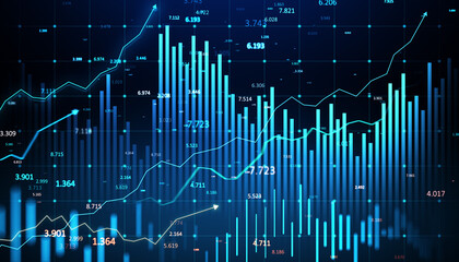 Fototapete - Blue financial growth chart with data lines and graphs on dark background. 3D Rendering
