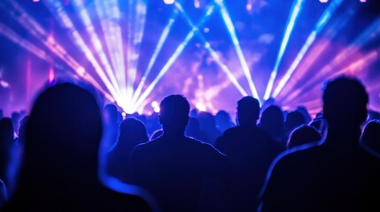 Wall Mural - Silhouetted concert crowd enjoying vibrant laser light show.