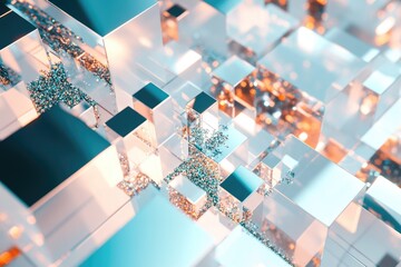 Wall Mural - abstract 3d render of glittering, translucent cubes forming a complex, interwoven structure.