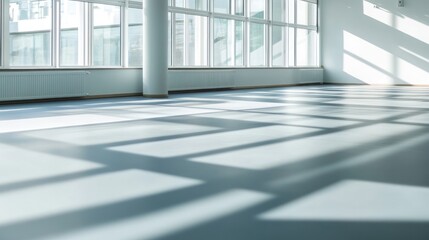 Wall Mural - Sunlit empty modern room with large windows and light grey floor.