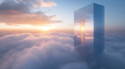 Canvas Print - Modern glass skyscraper above clouds at sunset.