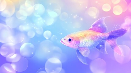 Wall Mural - pastel rainbow fish swimming in dreamy bokeh bubbles.