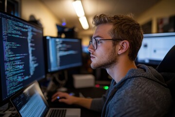 A young programmer intently examines lines of code on multiple computer screens, showcasing concentration and the modern tech environment of programming.