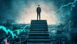 © Who is Danny - Businessman standing on stairs leading to success with stock market growth charts in the background.