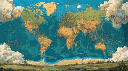  Artistic world map illustration with clouds and landscape.