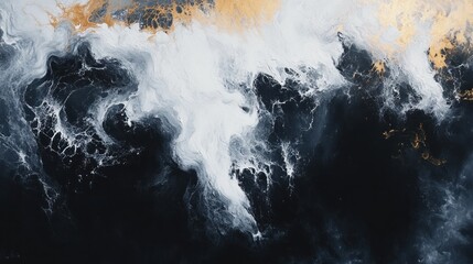 Wall Mural - Abstract fluid art painting with white, black, and gold swirls.