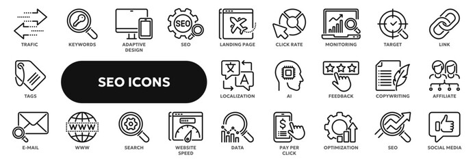 Set of vector line icons related to seo and digital marketing, web page search optimization. Symbols for website or app ui, logo design, illustration