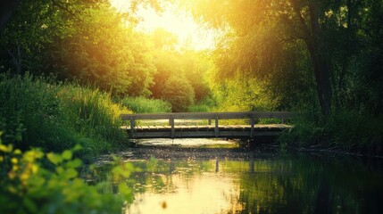 Wall Mural - Sunlit wooden bridge over calm stream in lush green forest.