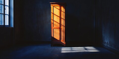 Wall Mural - a dark room with a wooden cabinet in the corner. the room is empty and the sun is shining through th