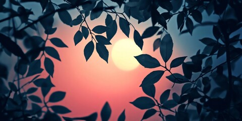 Wall Mural - A silhouette of a leafy tree with a sun in the background. The sun is setting and the leaves are dark