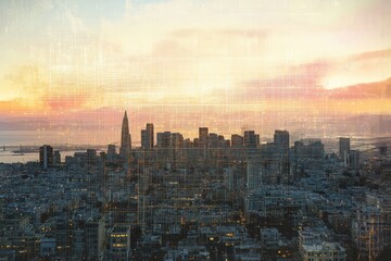 Leinwandbilder - Cityscape illuminated by sunset, showcasing a digital neural network symbolizing the integration of artificial intelligence. Generative AI