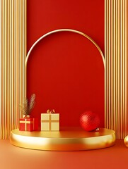 Wall Mural - Red and gold festive scene with gifts and ornaments on a circular platform.