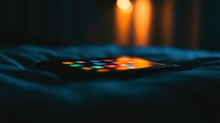 Smartphone screen glows on dark bedroom bedding.