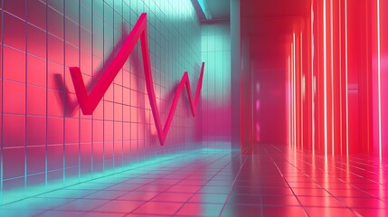 Abstract corridor with neon lights and a red upward trend line on the wall.