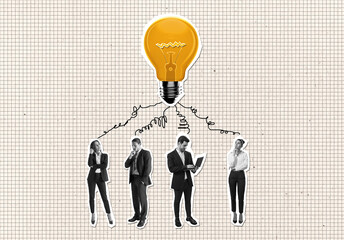 Poster - Collage of businesspeople brainstorming with lightbulb on grid background.