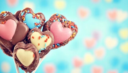 Wall Mural - Colorful heart-shaped lollipops on sticks, perfect for celebrations.