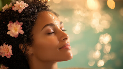 Wall Mural - Dandruff and Scalp Care, A serene woman with curly hair adorned with flowers, enjoying a moment of tranquility by a shimmering pool.